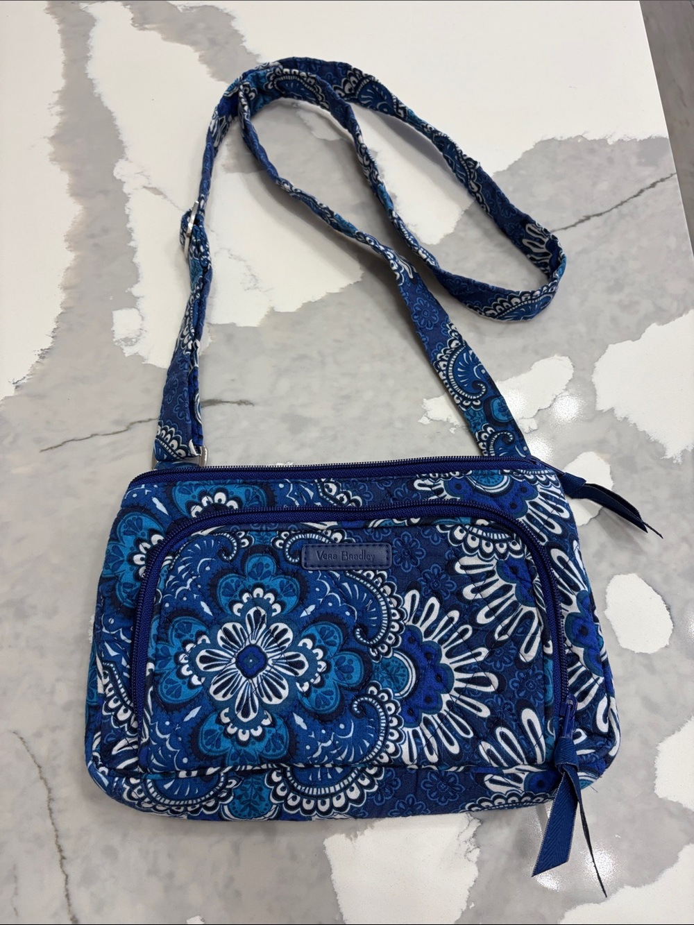 Vera Bradley Navy and Royal Blue Quilted Crossbody with Paisley Floral Print